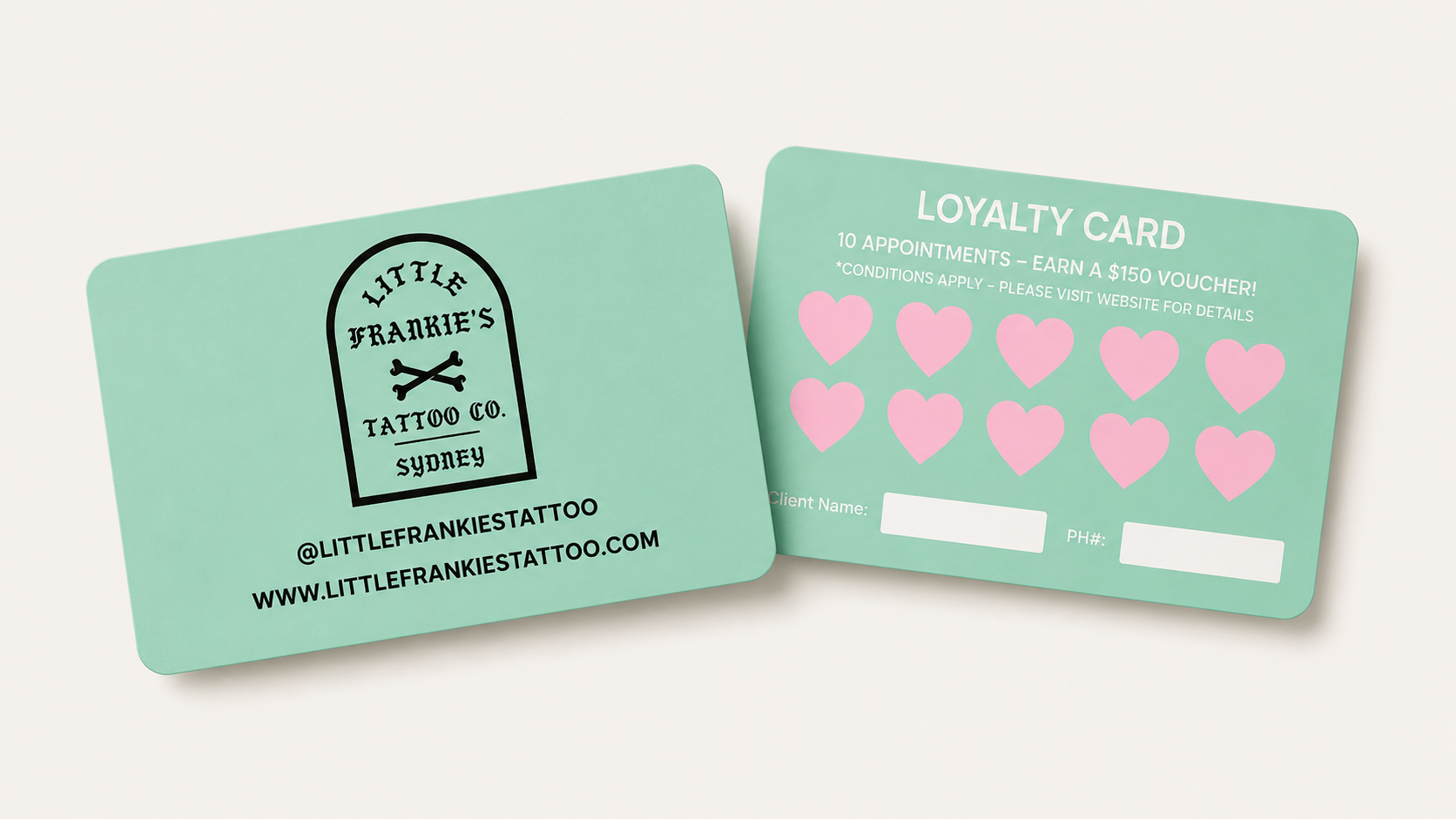 Little Frankie's Tattoo Co. Sydney loyalty card front and back, showing ten hearts to collect